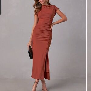 Elisabeth Mock Neck Side Slit Ruched Midi Dress, color: Harvest, size XL